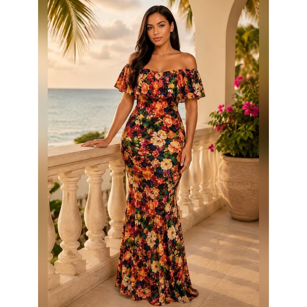 Lac Bleu Off Shoulder Floral Maxi Dress Size L Tropical Resort
